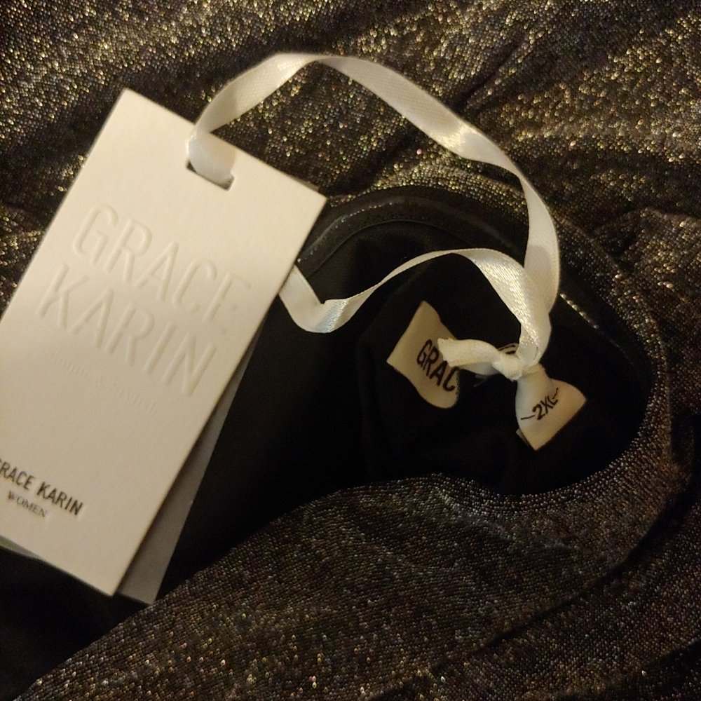 NWT Grace Karin Silver Grey Glitter Halter V Draped Neck Midi Dress Plus 2XL - Picture 7 of 9